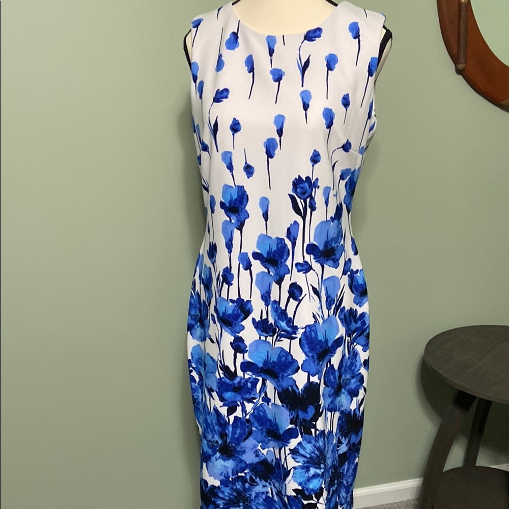 Kasper White and Blue Floral Midi Dress